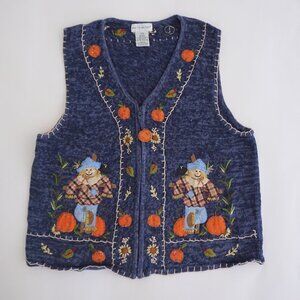 Vintage White Stag Blue Knit Scarecrow Pumpkin Harvest Embroidered Fall Vest XL
